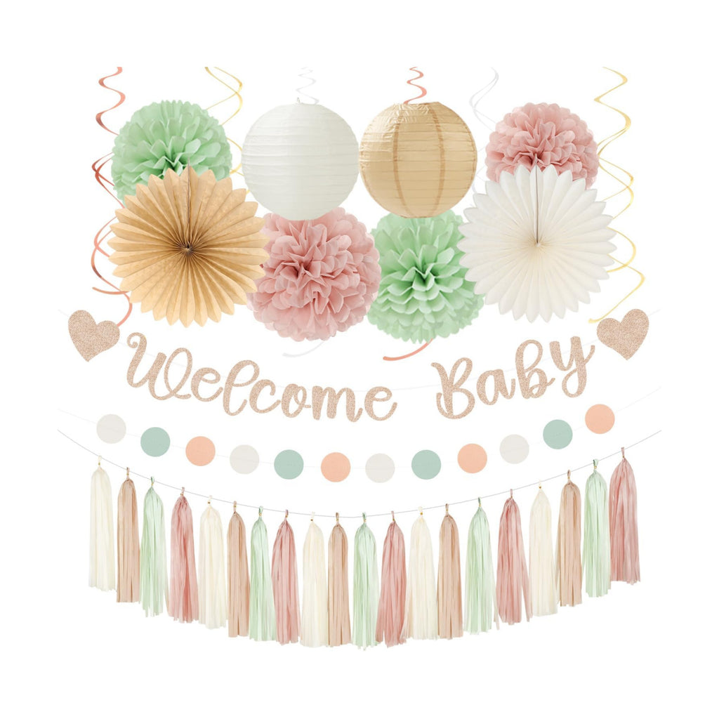 Sage-Green Pink-Beige Baby-Shower Party-Decorations - 36pcs Welcome Home Banner Sign,Girl Paper Lanterns,Neutral Streamers Garland,Boho Tissue Pom Poms Flowers Fans Backdrop Decor Burgleda