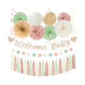 Sage-Green Pink-Beige Baby-Shower Party-Decorations - 36pcs Welcome Home Banner Sign,Girl Paper Lanterns,Neutral Streamers Garland,Boho Tissue Pom Poms Flowers Fans Backdrop Decor Burgleda