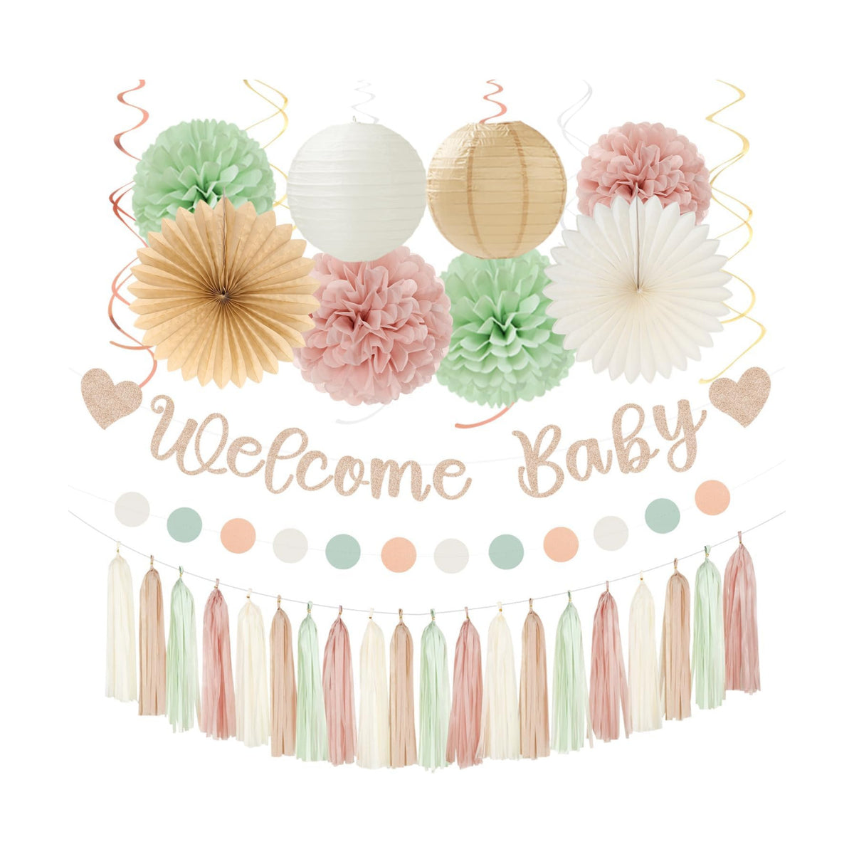 Sage-Green Pink-Beige Baby-Shower Party-Decorations - 36pcs Welcome Home Banner Sign,Girl Paper Lanterns,Neutral Streamers Garland,Boho Tissue Pom Poms Flowers Fans Backdrop Decor Burgleda