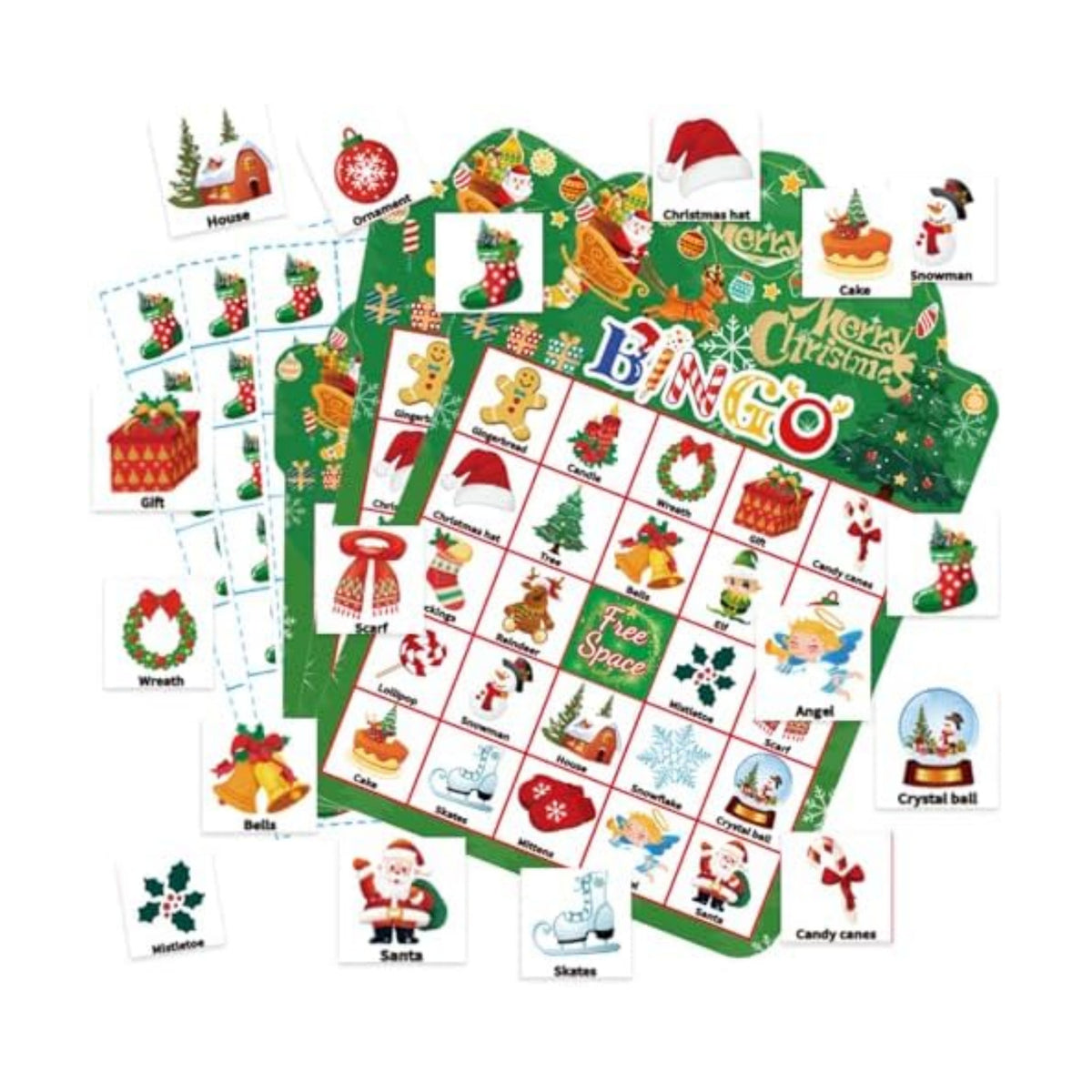 Christmas Bingo Game 24Players - Card for Kids Christmas Party Favor Family Activities Party Card Games School Classroom Games Turkey Party Favors Supplies (Green)