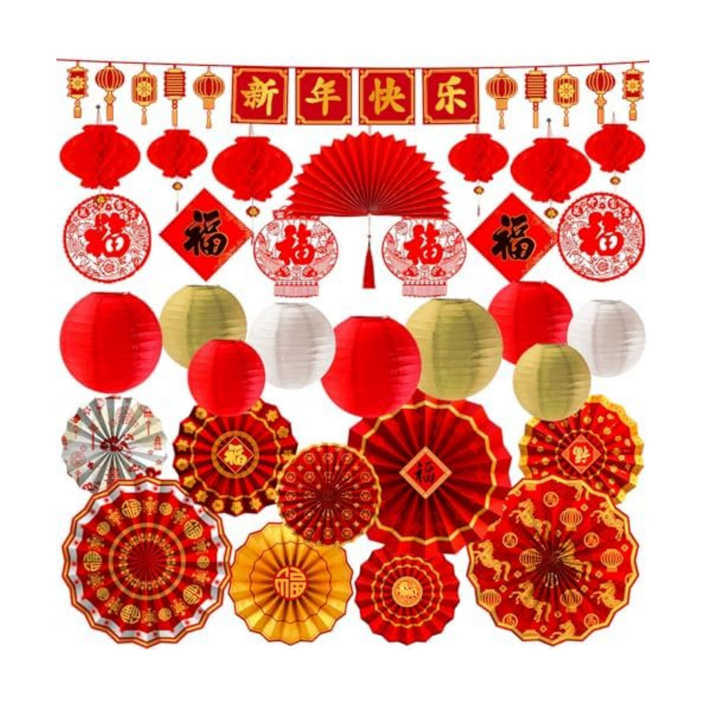 45 Pcs Chinese Lunar New Year Decorations, 2026 Year of the Horse Red Paper Fans Lanterns Lunar Horse Banner Fu Character Window Stickers Luck Hanging Ornaments Vietnamese Tet Party Supplies