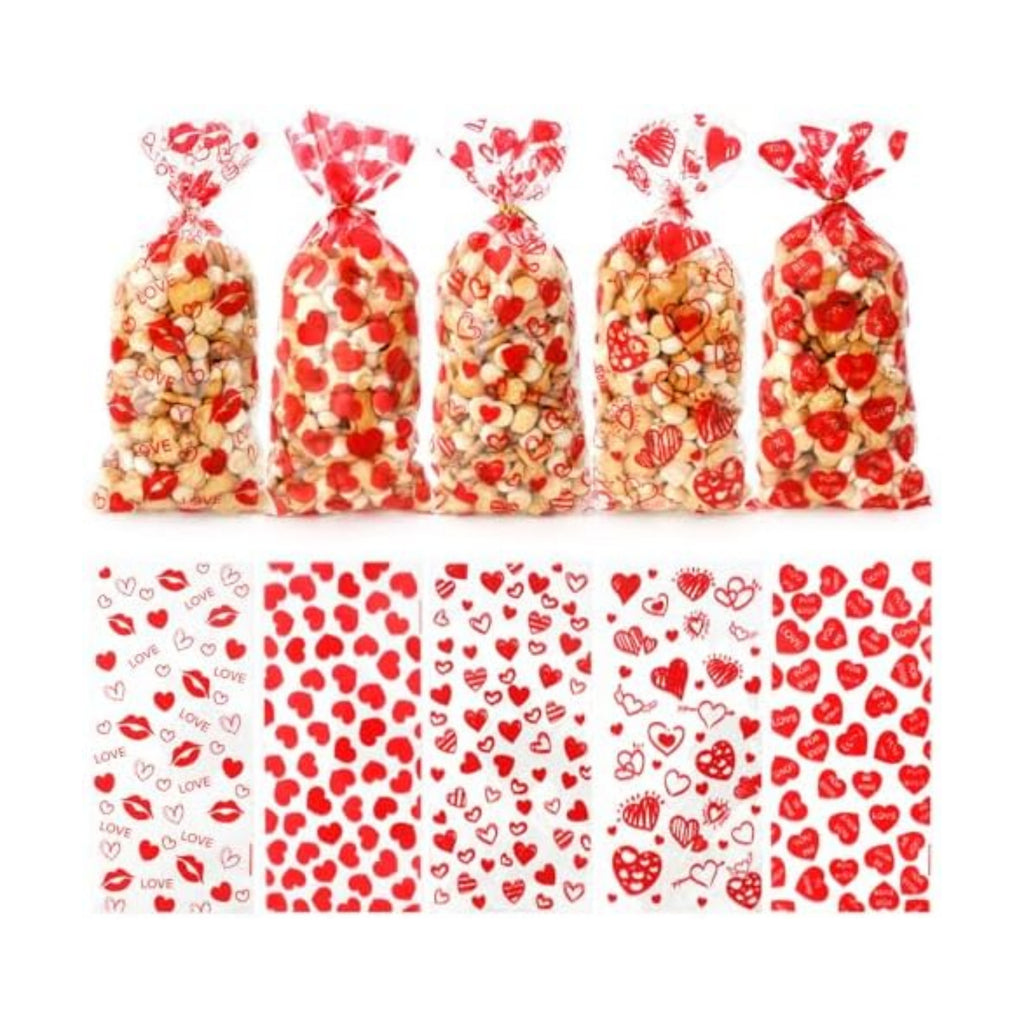 100 PCS Valentines Cellophane Bags(5x11 Inch) with Ties for Candy Goodie Treat Snack Goody Cookie Small Gifts Wrap Plastic Ziplock Bag Baggies Pouch Valentine Galentine Party Favors Supplies Decor