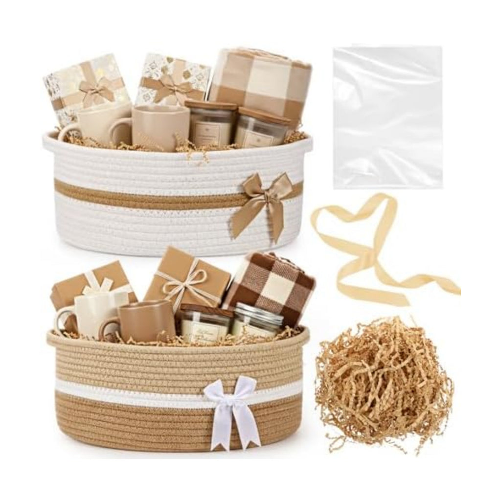 Colingmill 2 Pack Small Woven Gift Basket Empty with Wrap, Khaki and White