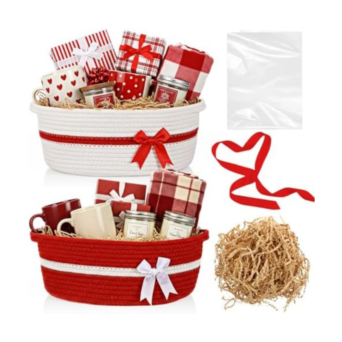 Colingmill 2 Pack Small Woven Gift Basket Empty with Wrap, Red and White