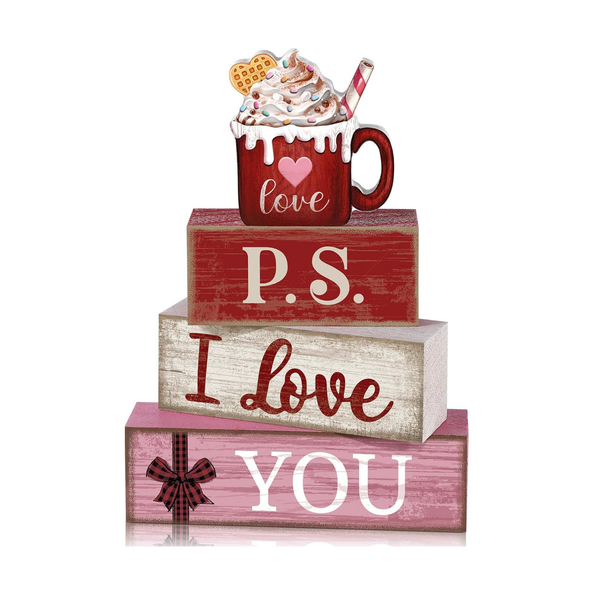 Lineshading 4 Pcs Wooden Block Signs, P.S. I Love You Tiered Tray Decor