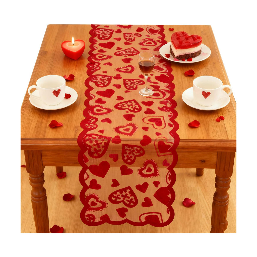 OHOME Valentines Day Decorations - Red Lace Table Runner | Valentines Day Decor Party Supplies Favors - Galentines Day Decorations Holiday Heart Table Cloth Centerpiece for Wedding Home Kitchen