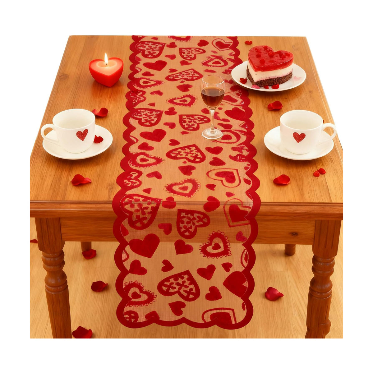OHOME Valentines Day Decorations - Red Lace Table Runner | Valentines Day Decor Party Supplies Favors - Galentines Day Decorations Holiday Heart Table Cloth Centerpiece for Wedding Home Kitchen