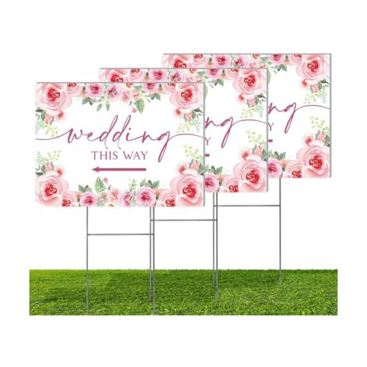 3 Pack 14.5” x 10.5” Wedding This Way Signs Double Sided Printed Wedding Direction Sign with Stakes for Ceremony Reception Lawn Yard Direction Arrow Signs Exquisite Plastic Rainproof Party Supplies,Rose Floral