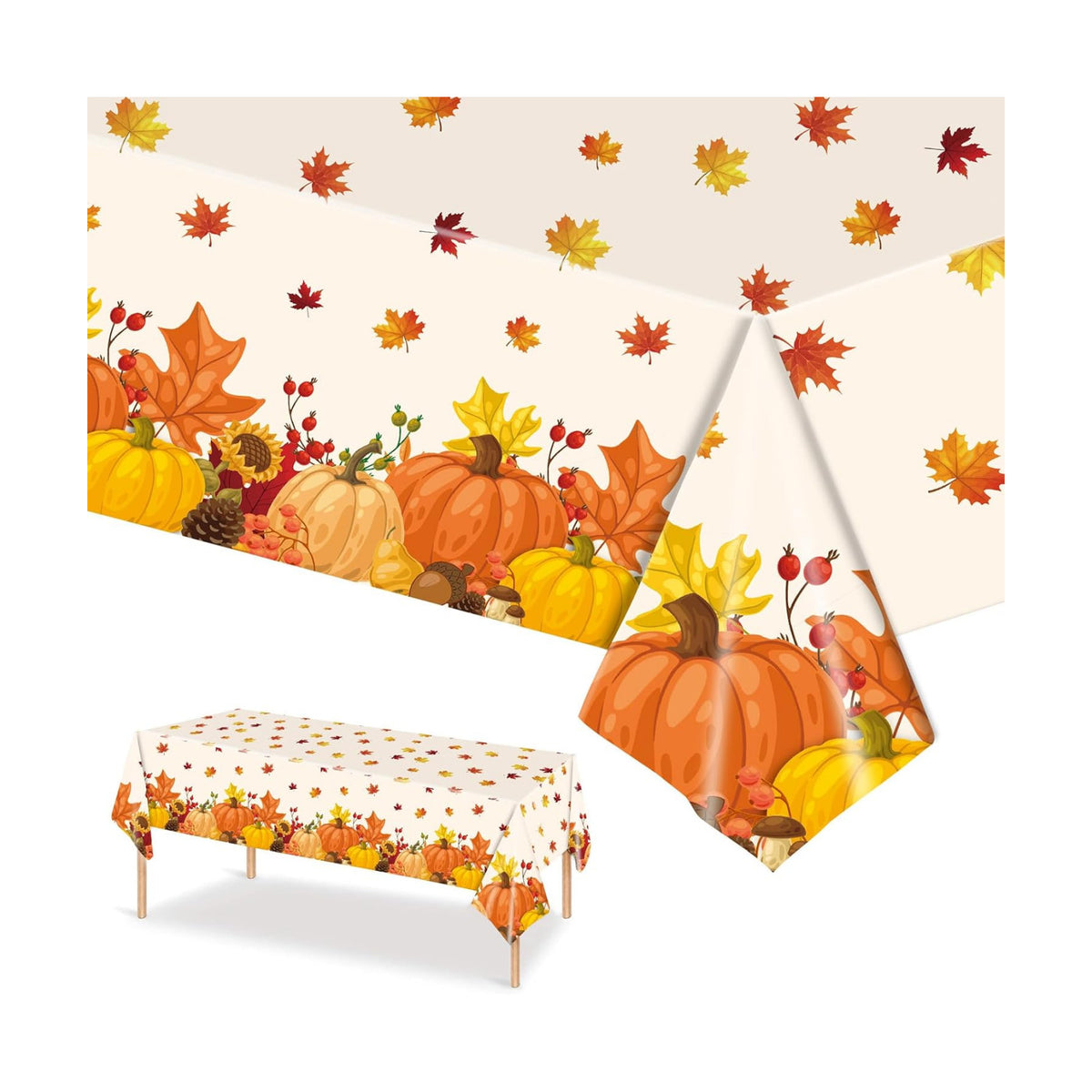 Thanksgiving Tablecloths, 2 Pack Pumpkin Maple Leaf Plastic Table Covers