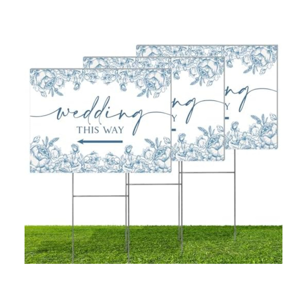 3 Pack 14.5” x 10.5” Wedding This Way Signs Double Sided Printed Wedding Direction Sign with Stakes for Ceremony Reception Lawn Yard Direction Arrow Signs Exquisite Plastic Rainproof Party Supplies,Blue Floral