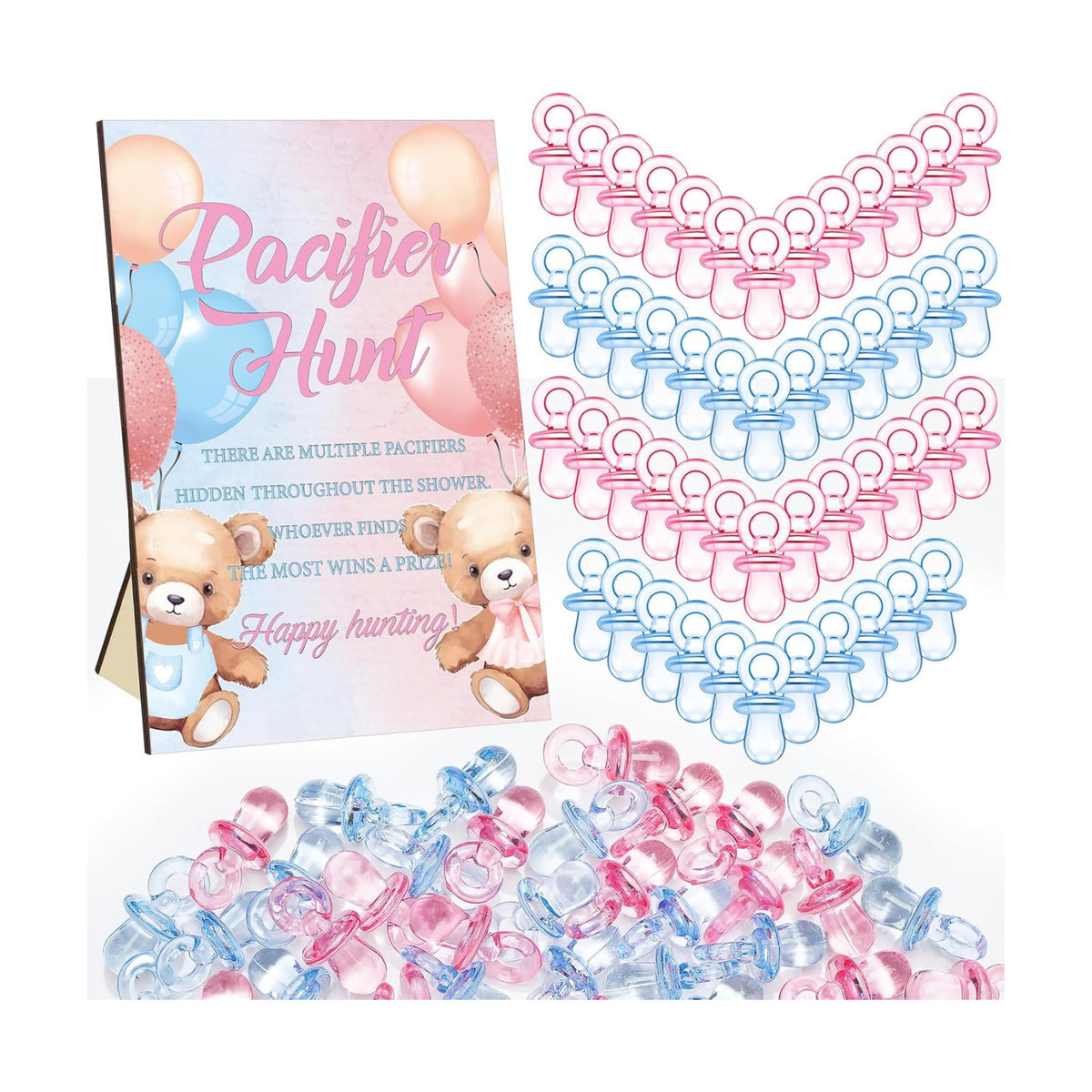 Thyle 51 Pcs Bear Pacifier Hunt Baby Shower Games Include Hunt Sign and 50 Acrylic Pacifiers for Pink and Blue Baby Shower Game Decoration Sets Gender Reveal Newborn Announcement Party Decor
