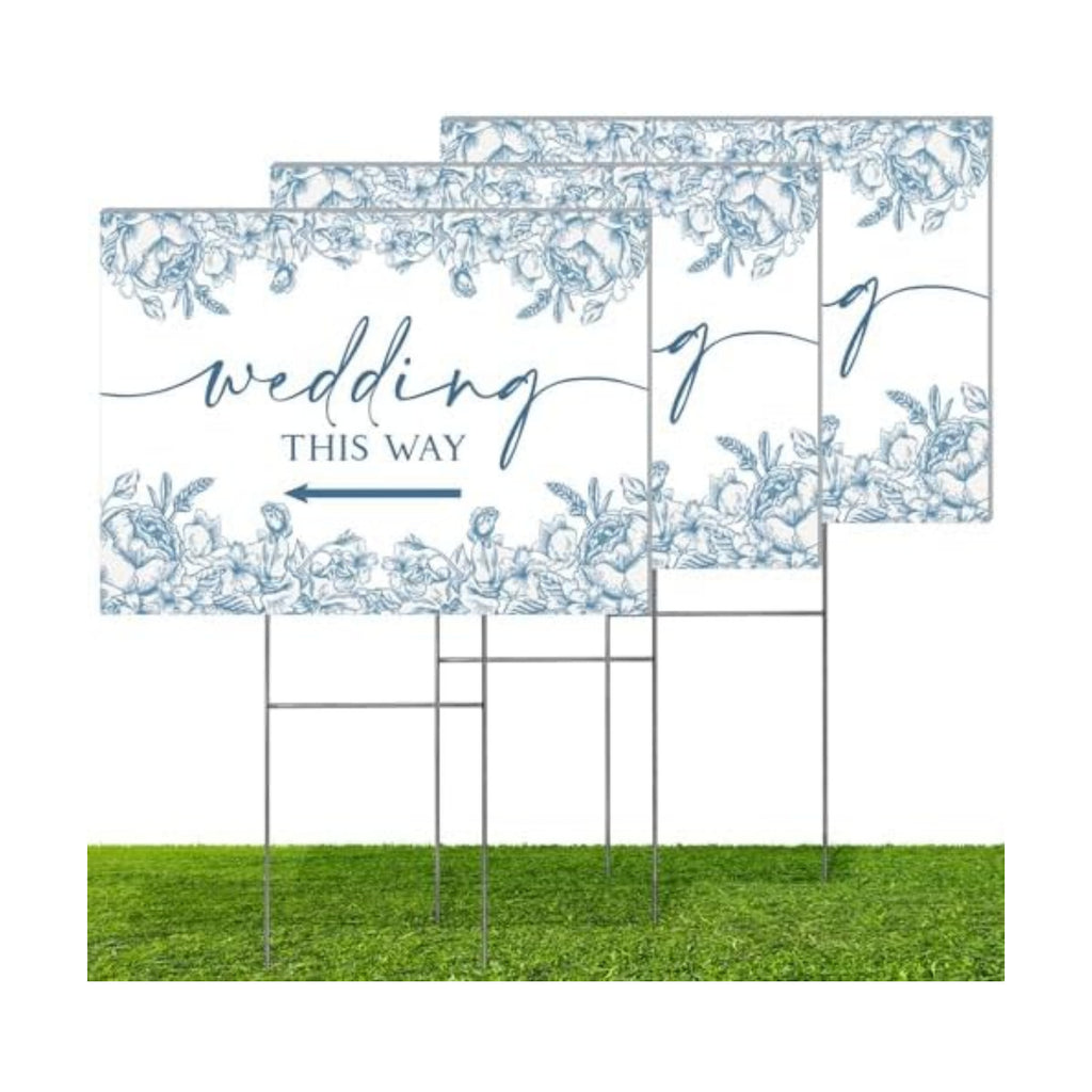 3 Pack 17''×12.5'' Wedding This Way Signs Double Sided Printed Wedding Directional Parking Sign with Stakes for Ceremony Reception Lawn Yard Arrow Signs Plastic Rainproof Party Supplies,Blue Floral