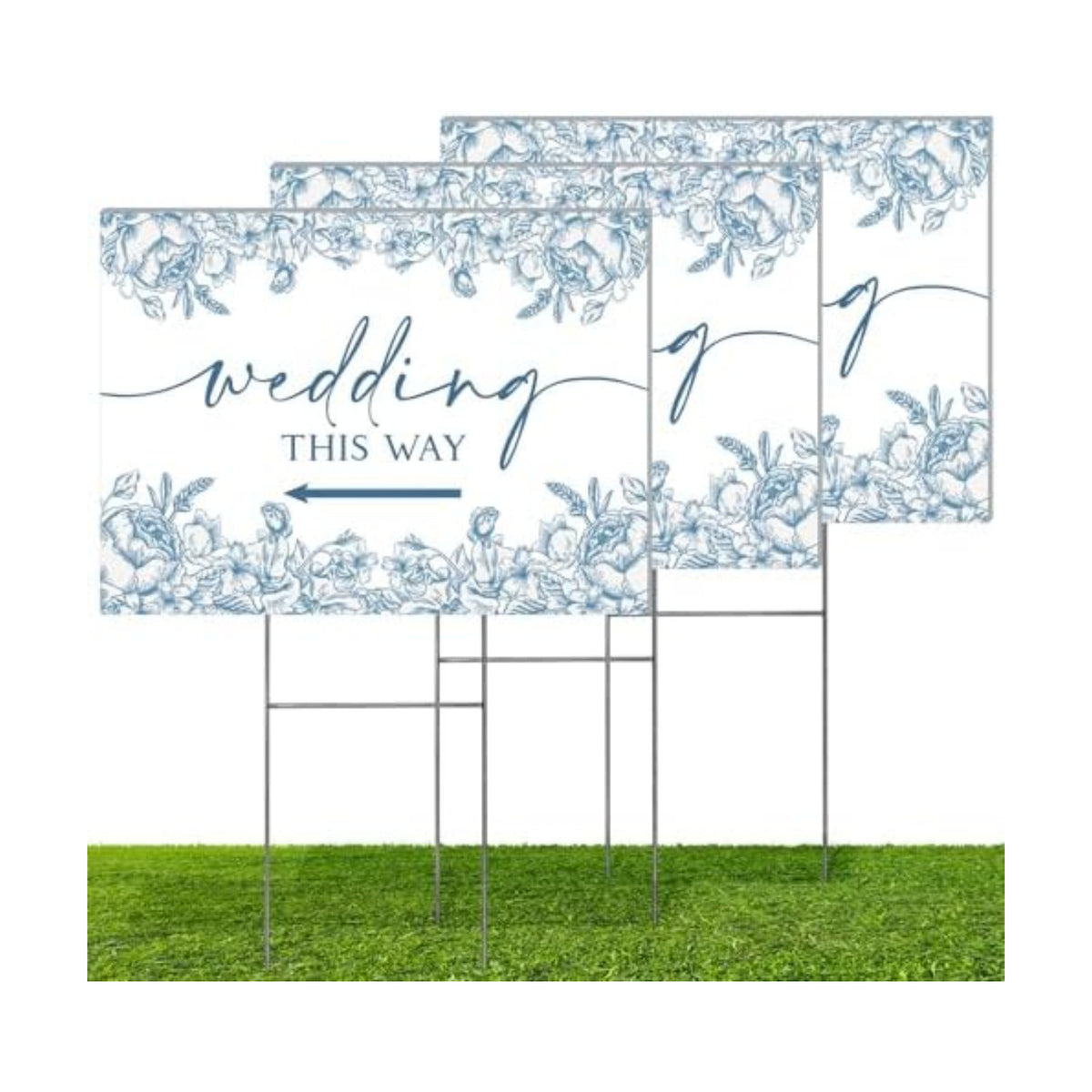 3 Pack 17''×12.5'' Wedding This Way Signs Double Sided Printed Wedding Directional Parking Sign with Stakes for Ceremony Reception Lawn Yard Arrow Signs Plastic Rainproof Party Supplies,Blue Floral