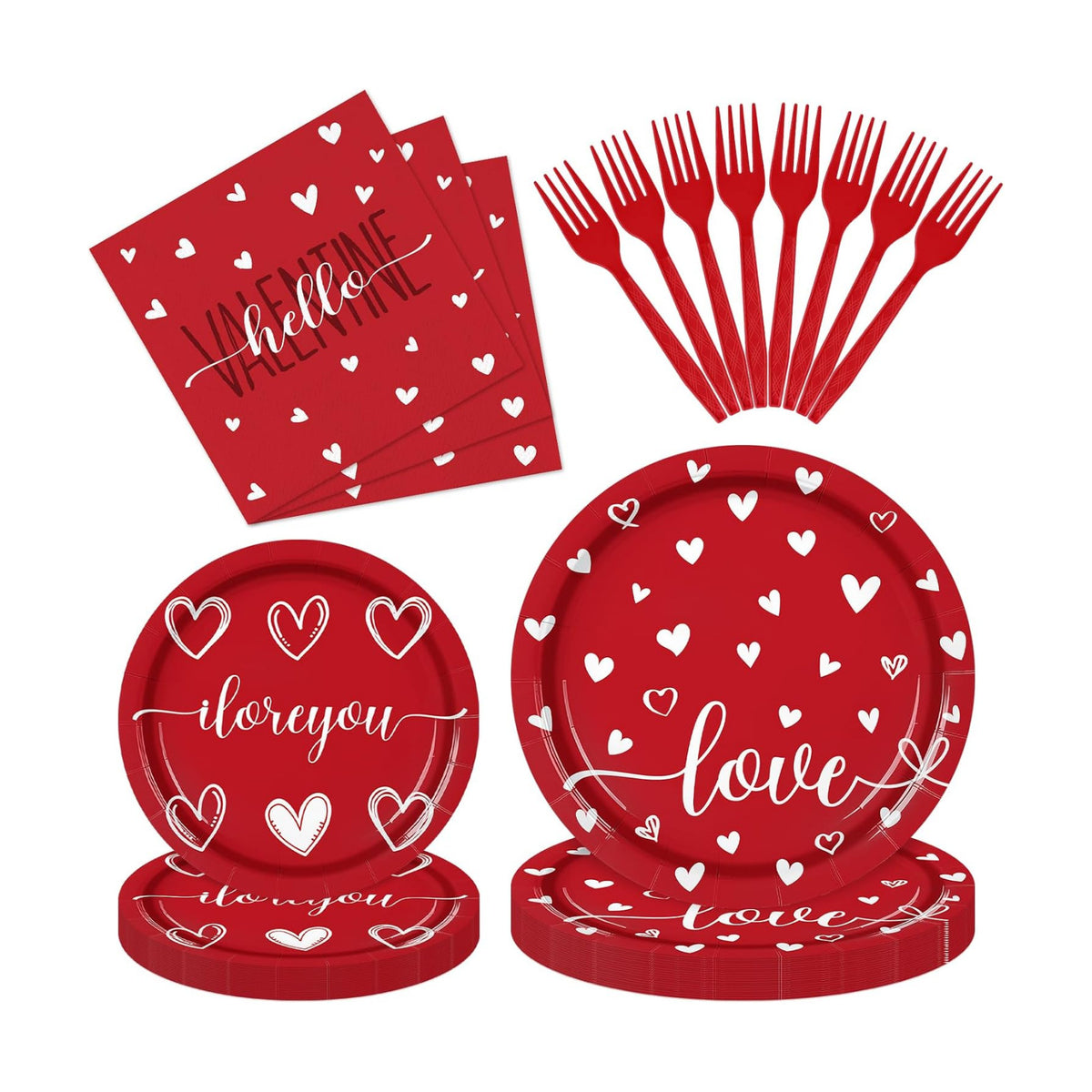 96 Pieces Valentine’s Day Tableware Set – Red and White Disposable Plates, Napkins, and Forks with Heart and Love Designs for Valentine’s Parties Romantic Celebrations – Serves 24 Guests