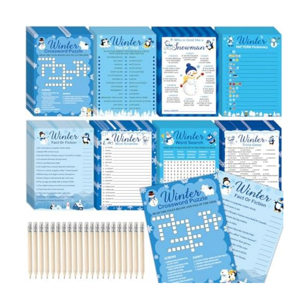 gisgfim 231Pcs Winter Party Games Cards Snowflake Snowman Trivia Word Search Scramble Maze Games Winter Christmas Holiday Party Supplies for School Classroom Family Activity Birthday Favor