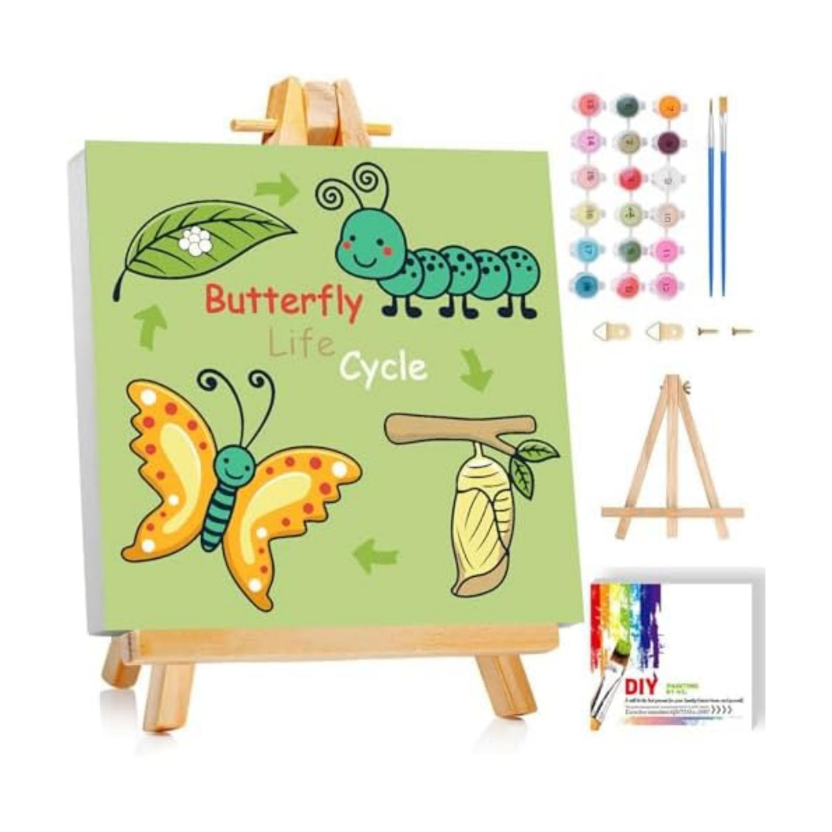 Gemozaic Butterfly Paint by Numbers Kit for Kids with Frame and Easel, Butterfly Life Cycle Framed Kids Paint by Number on Canvas Age 6-8-12 for Gift, Home, Wall Decor, 8x8 Inch
