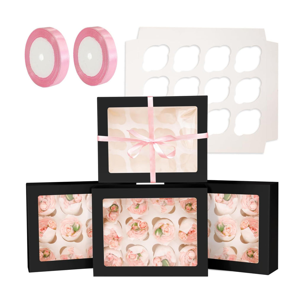 qiqee Auto-pop Up Cupcake Boxes with Window Black 40PCS 12 Count Cupcake Box 13"x10"x3.5" Cupcakes Carrier, 12 Cupcake Containers with 2 rolls of pink ribbons