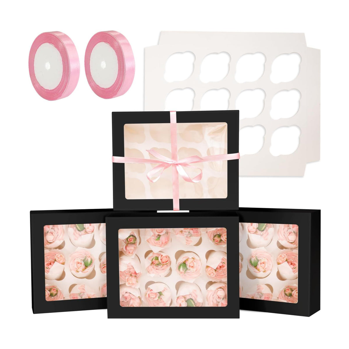 qiqee Auto-pop Up Cupcake Boxes with Window Black 40PCS 12 Count Cupcake Box 13"x10"x3.5" Cupcakes Carrier, 12 Cupcake Containers with 2 rolls of pink ribbons
