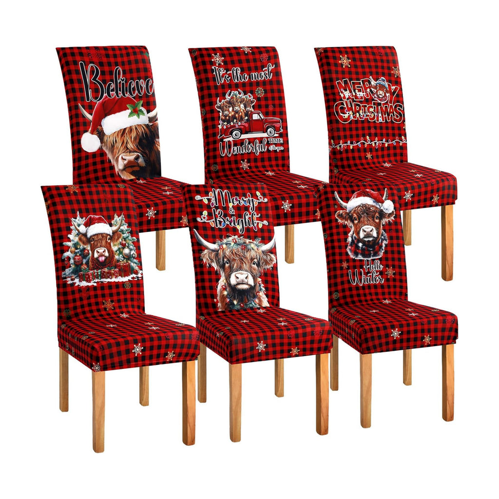 Mindsoft 6 Pcs Christmas Chair Covers Highland Cow Dining Chair Slipcovers