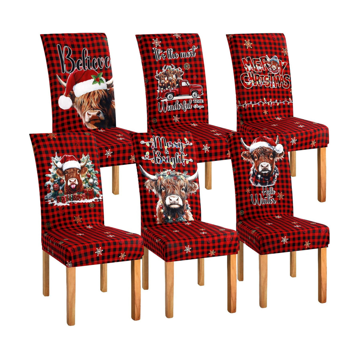Mindsoft 6 Pcs Christmas Chair Covers Highland Cow Dining Chair Slipcovers