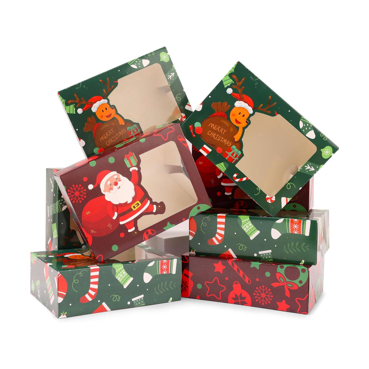CHOUNYEE 24 Pack Christmas Cookie Boxes (8.25x6x2.75 Inch), Christmas Treat Boxes for Gift Giving, Bakery Boxes with Window for Exchange Gift, Holiday Food Cookie gift Containers