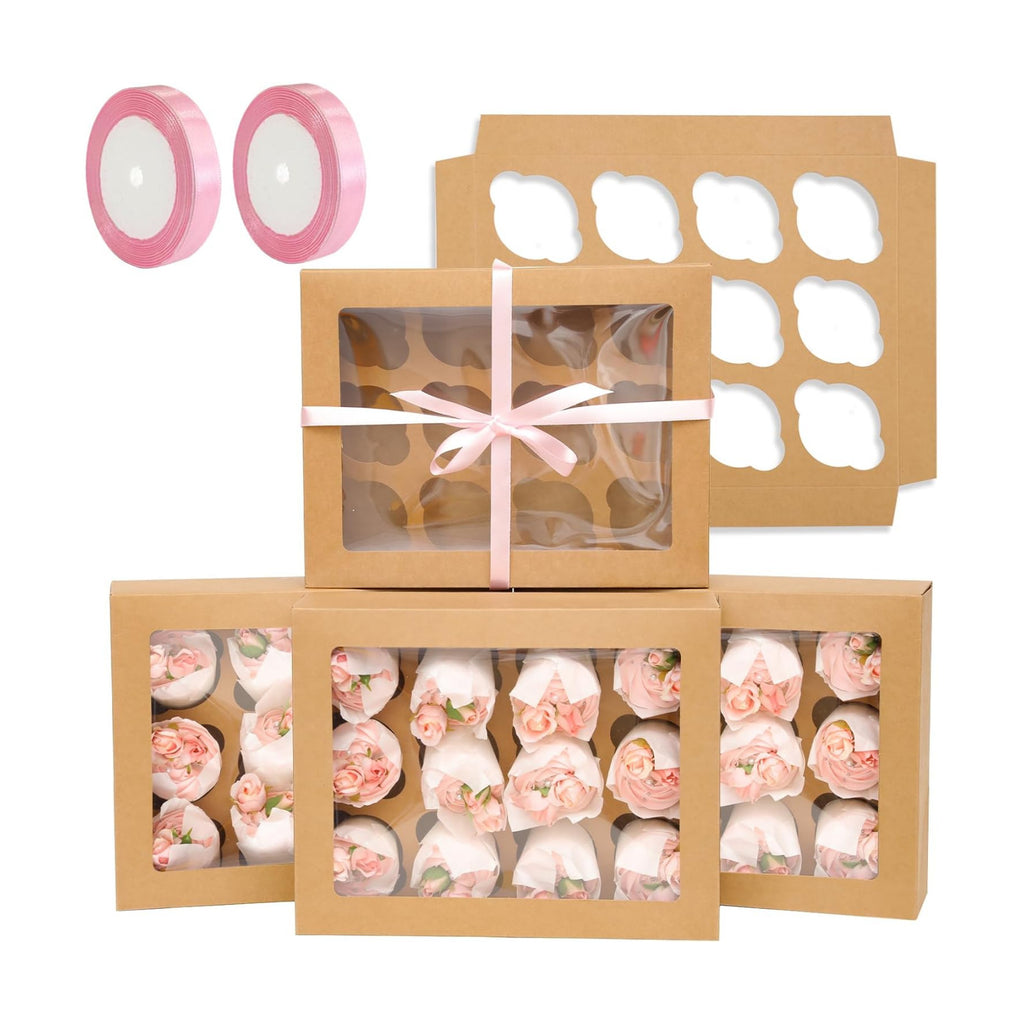 qiqee Auto-pop Up Cupcake Boxes with Window Brown 40PCS 12 Count Cupcake Box 13"x10"x3.5" Cupcakes Carrier, 12 Cupcake Containers with 2 rolls of pink ribbons