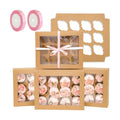 qiqee Auto-pop Up Cupcake Boxes with Window Brown 40PCS 12 Count Cupcake Box 13"x10"x3.5" Cupcakes Carrier, 12 Cupcake Containers with 2 rolls of pink ribbons