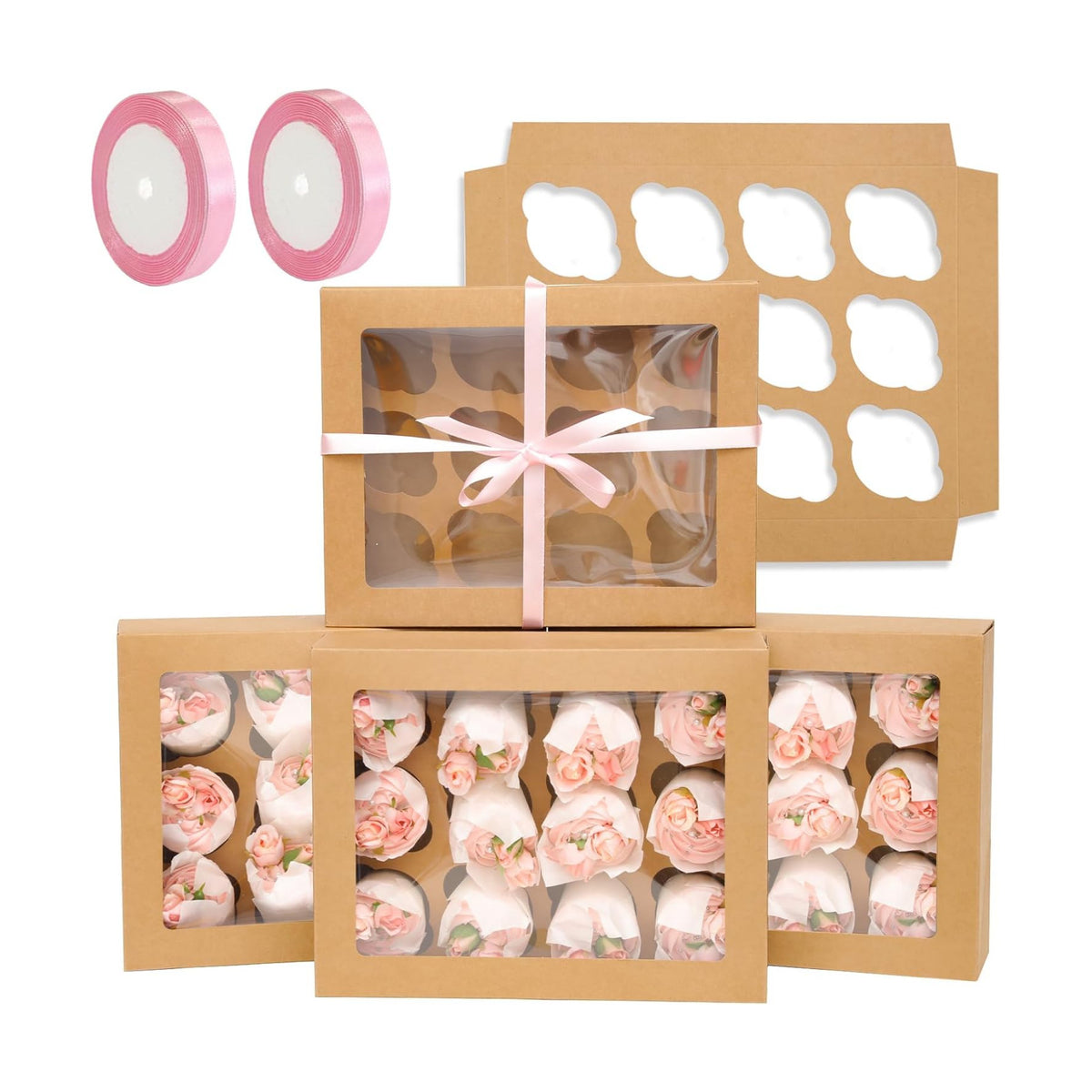 qiqee Auto-pop Up Cupcake Boxes with Window Brown 40PCS 12 Count Cupcake Box 13"x10"x3.5" Cupcakes Carrier, 12 Cupcake Containers with 2 rolls of pink ribbons