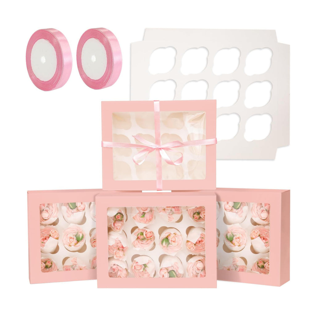 qiqee Auto-pop Up Cupcake Boxes with Window Pink 40PCS 12 Count Cupcake Box 13"x10"x3.5" Cupcakes Carrier, 12 Cupcake Containers with 2 rolls of pink ribbons