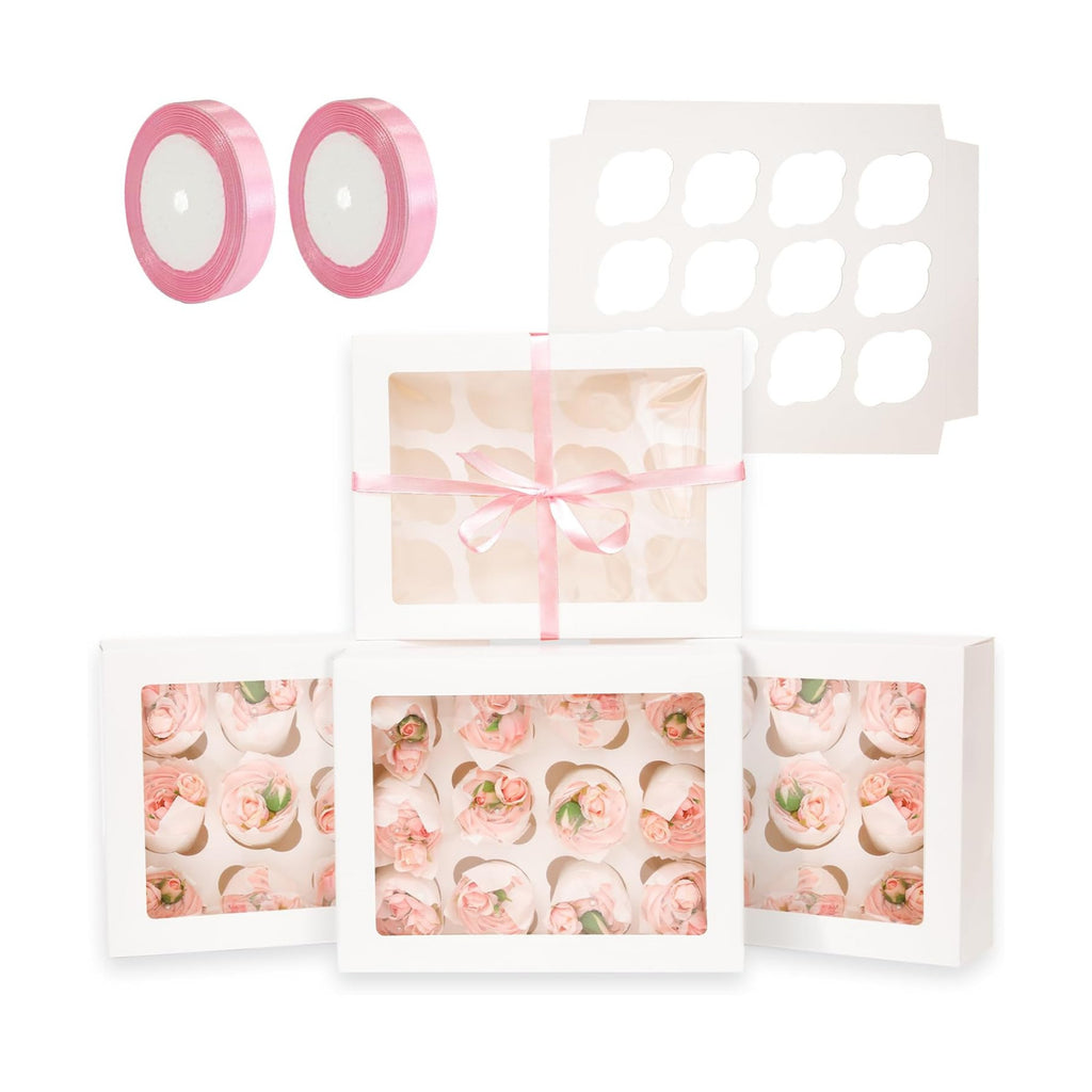 qiqee Auto-pop Up Cupcake Boxes with Window White 40PCS 12 Count Cupcake Box 13"x10"x3.5" Cupcakes Carrier, 12 Cupcake Containers with 2 rolls of pink ribbons