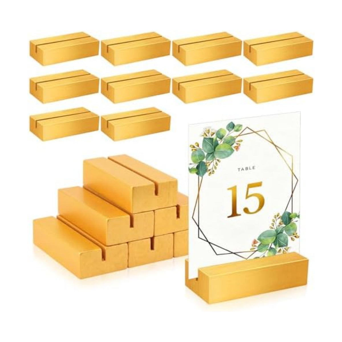 15 Pieces Gold Wood Table Number Stands Wood Place Card Holders Picture Holder Acrylic Sign Holders for Ceremony Birthday Party Home Decoration