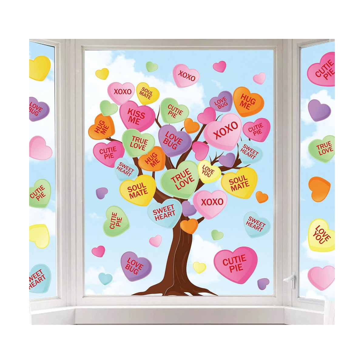 JarThenaAMCS Valentine's Day Tree Window Clings Window Stickers Conversation Heart Tree Double-Sided Glass Decals for Wedding Anniversary Party Wall Decor, 6 Sheets
