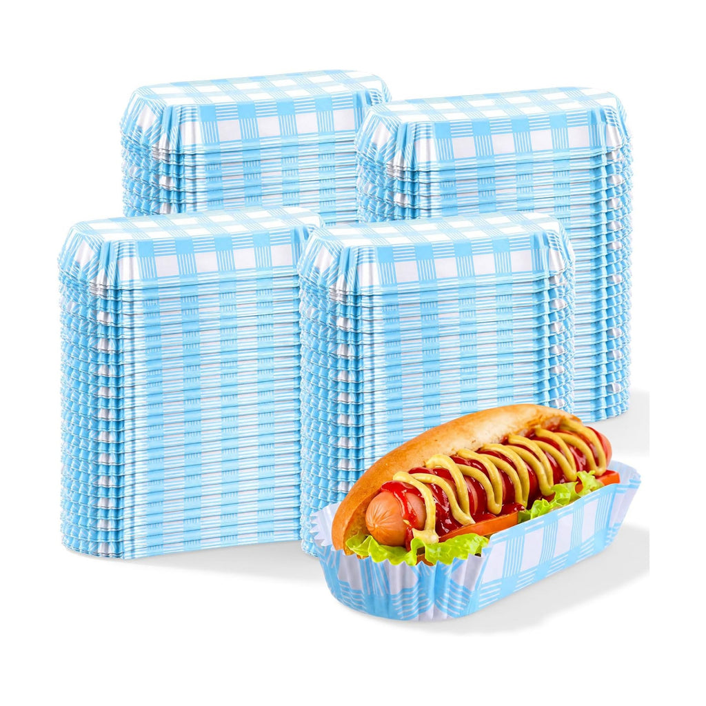 Yinkin 300 Pcs Paper Hot Dog Trays Food Trays 6 Inch,Blue,Checkered