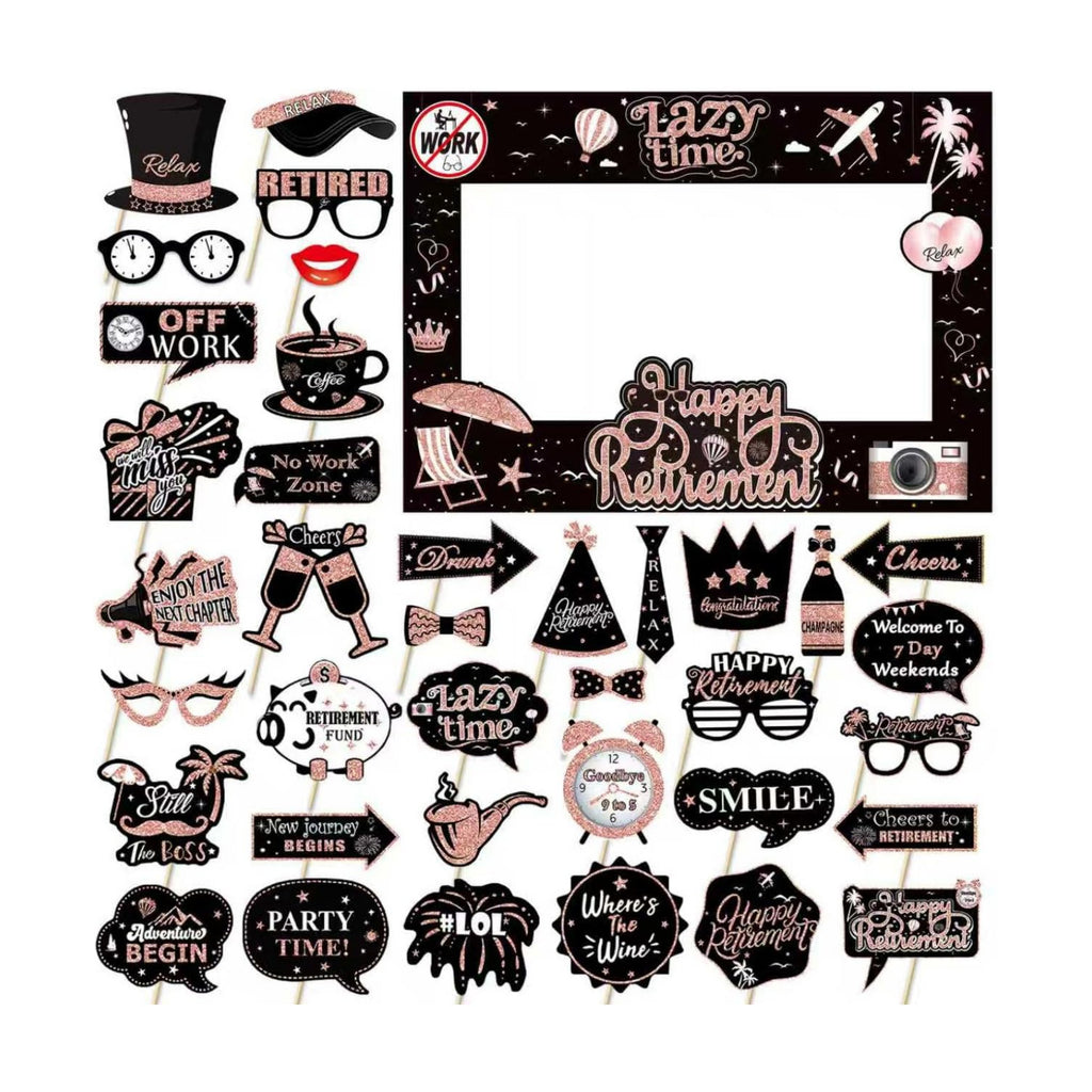 Retirement Party Photo Booth Props Kit - 37pcs Paper Photo Props 1 Frame Glitter Retirement Party Decorations for Retiree Celebration, Farewell Office Party Supplies (Rose Golden and Black)