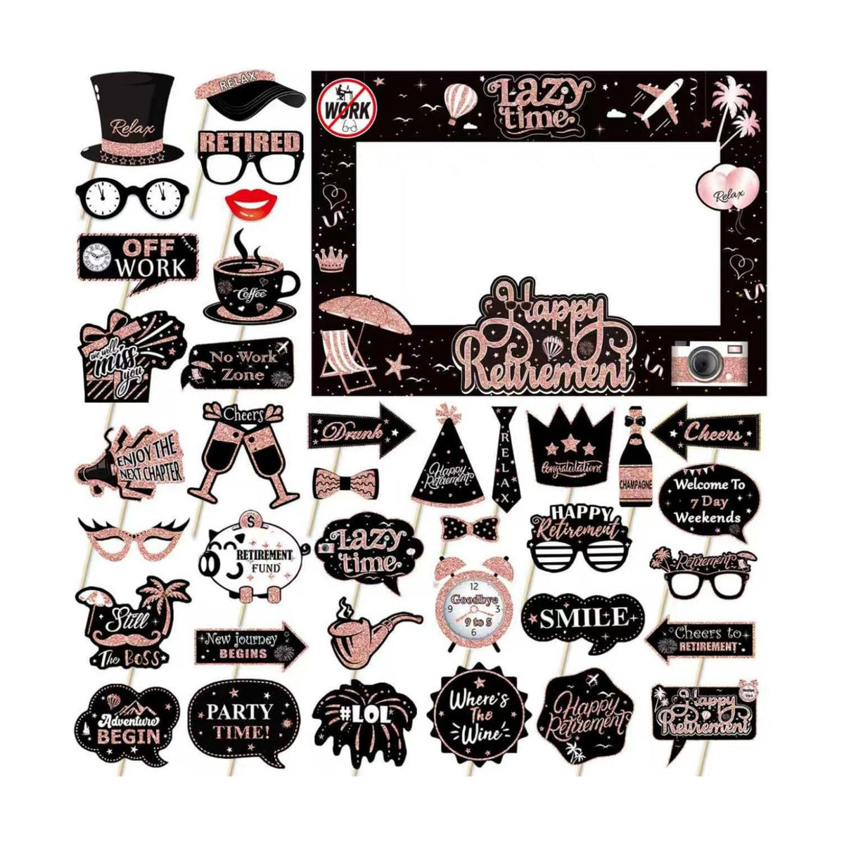 Retirement Party Photo Booth Props Kit - 37pcs Paper Photo Props 1 Frame Glitter Retirement Party Decorations for Retiree Celebration, Farewell Office Party Supplies (Rose Golden and Black)