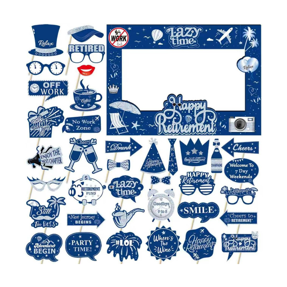 Retirement Party Photo Booth Props Kit - 37pcs Paper Photo Props 1 Frame Glitter Retirement Party Decorations for Retiree Celebration, Farewell Office Party Supplies (Blue and Silver)