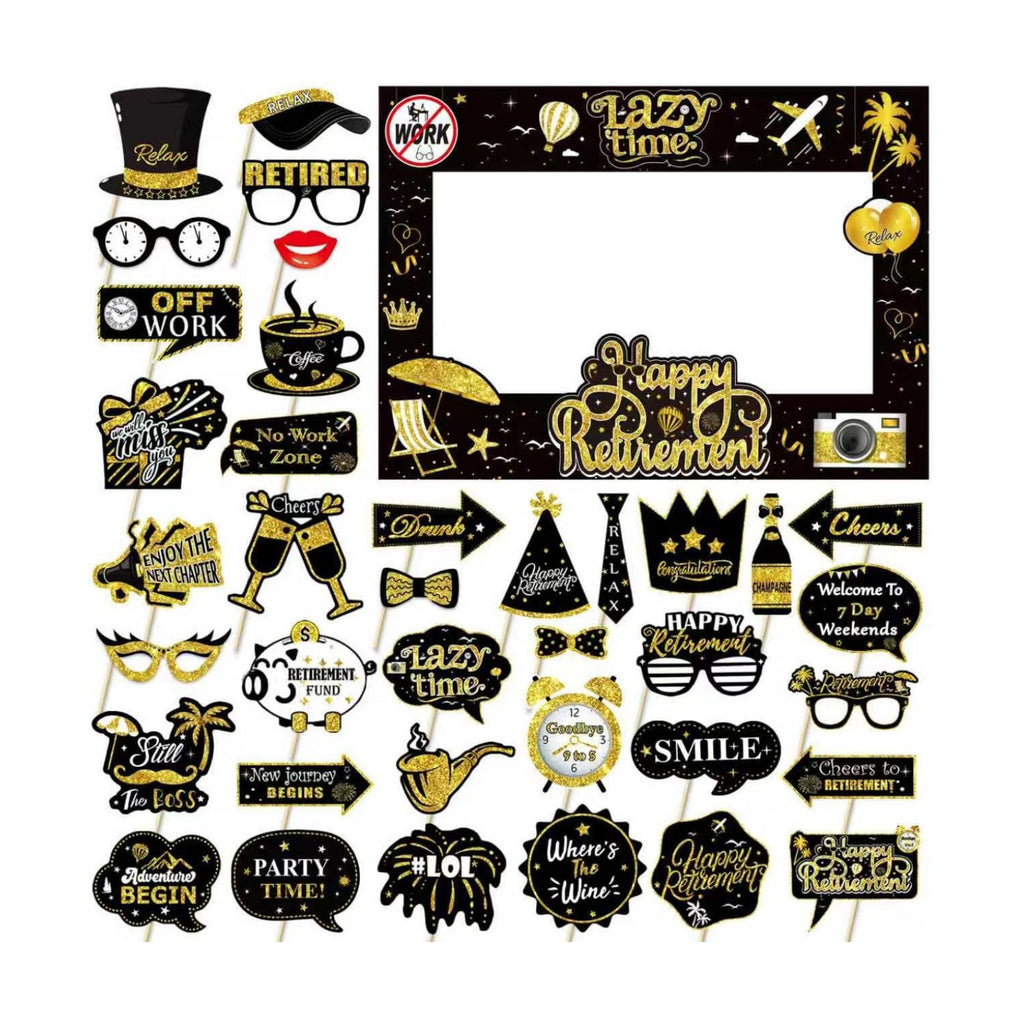 Retirement Party Photo Booth Props Kit - 37pcs Paper Photo Props 1 Frame Glitter Retirement Party Decorations for Retiree Celebration, Farewell Office Party Supplies (Black and Gold)