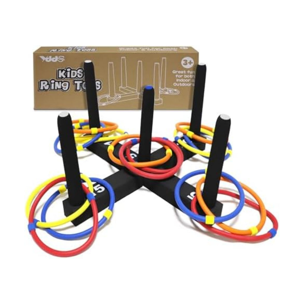 Ring Toss Game Indoor & Outdoor Game for Family and Adults with 5 Poles, 2 Bases and 16 Rings in 4 Colors, Soft Foam Toy Backyard Ring Toss Fun