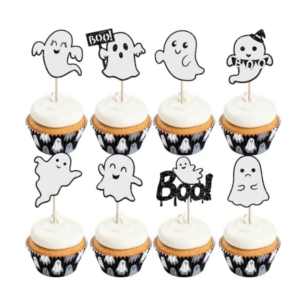 Rsstarxi 24 Pack Glitter Ghost Cupcake Toppers Halloween Party Decorations Ghost Cupcake Picks for Happy Boo Day Birthday Baby Shower Halloween Party Cake Decorations Supplies Black