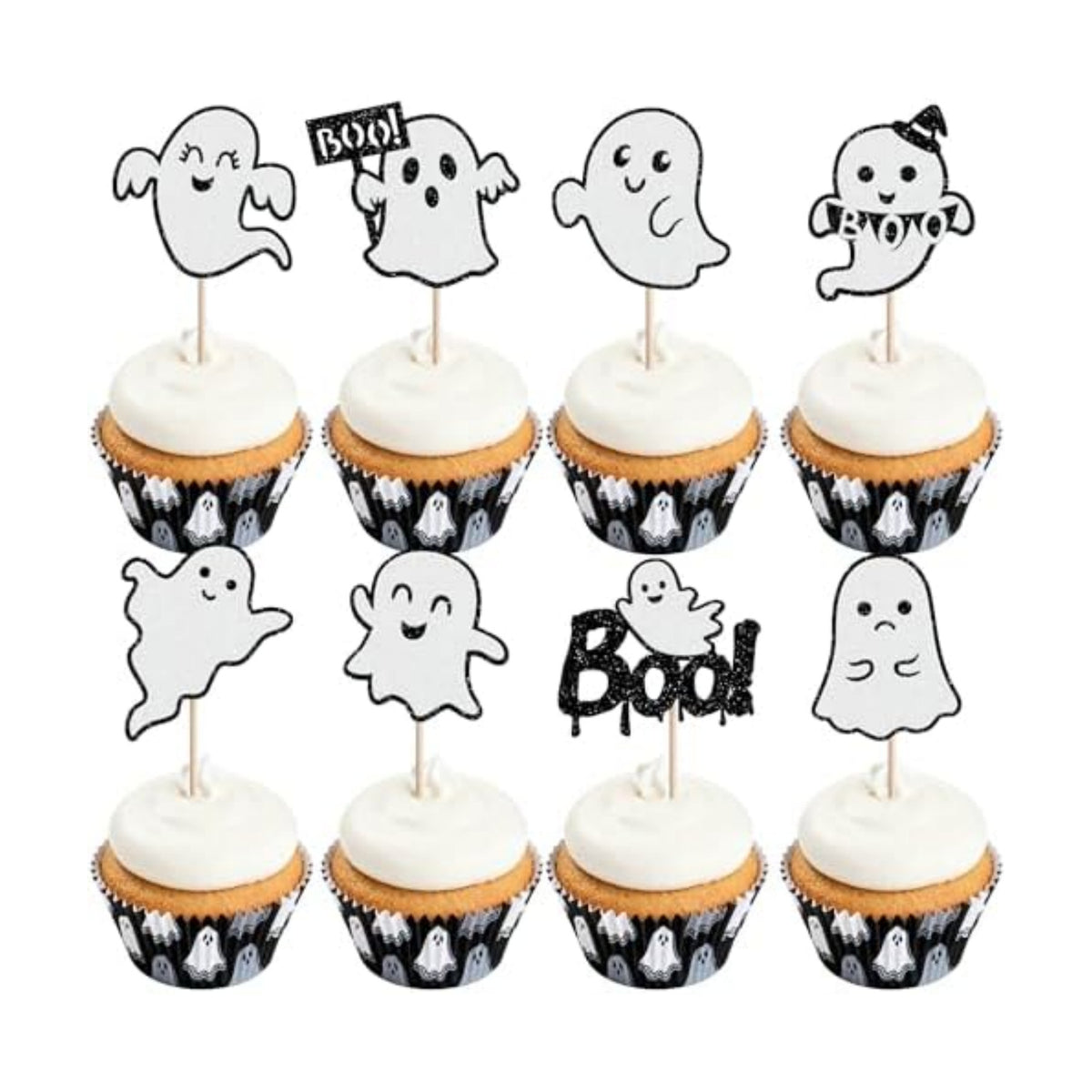 Rsstarxi 24 Pack Glitter Ghost Cupcake Toppers Halloween Party Decorations Ghost Cupcake Picks for Happy Boo Day Birthday Baby Shower Halloween Party Cake Decorations Supplies Black