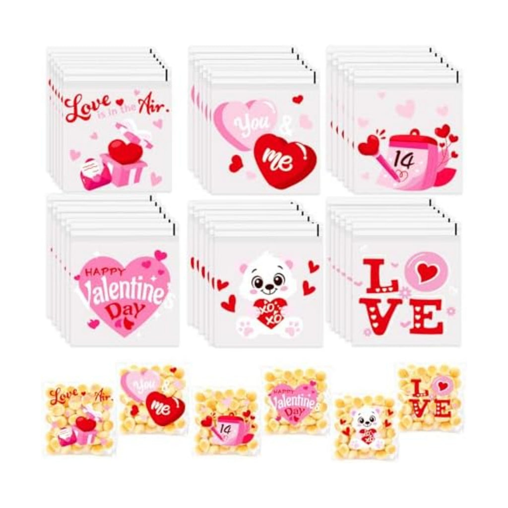 FOIMAS 300pcs Valentine's Day Cellophane Treat Bags Self Adhesive Candy Cookie Gift Bags Heart Goodie Bags for Valentine's Day Party Supplies