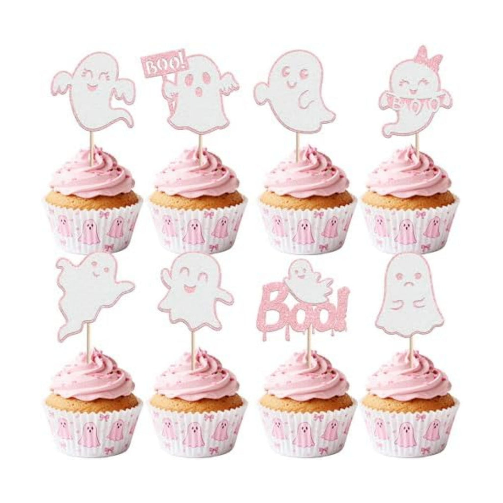 Rsstarxi 24 Pack Halloween Ghost Cupcake Toppers Glitter Pink Ghost Cupcake Picks Decorations for Happy Boo Day Birthday Baby Shower Halloween Party Cake Decorations Supplies
