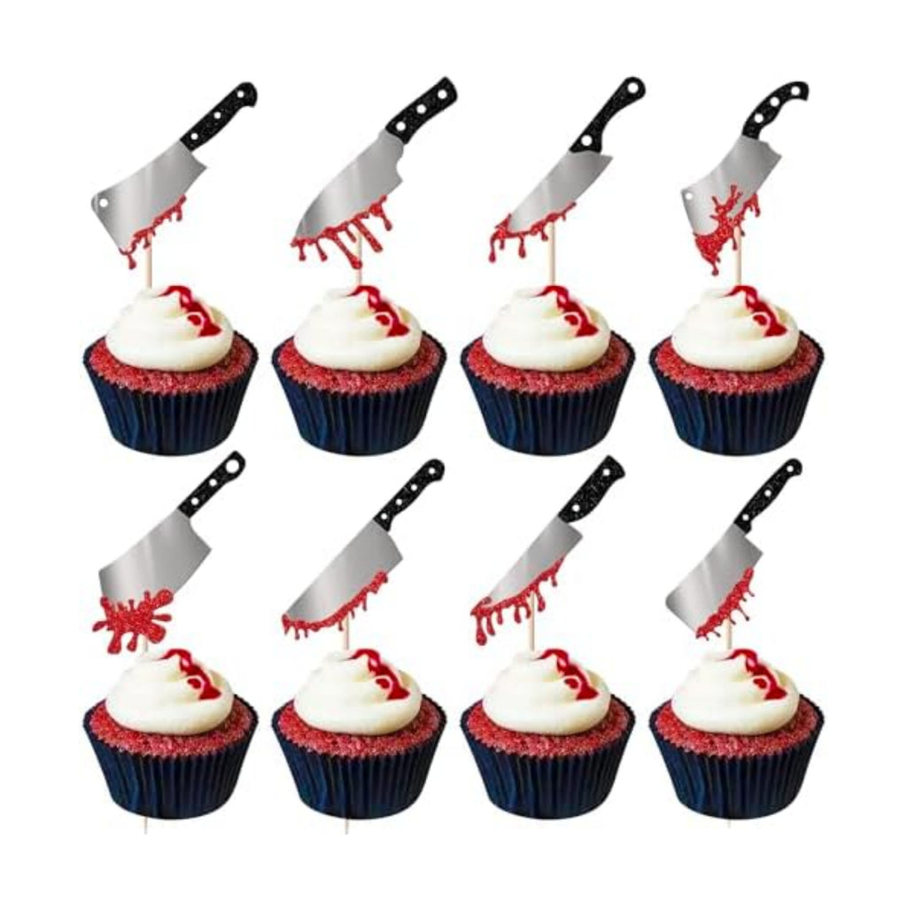 Rsstarxi 24 Pack Halloween Blood Knife Cupcake Toppers Glitter Blood Knife Cupcake Picks Blood Splatter Knife Cake Decorations for Horror Crime Scene Halloween Birthday Party Cake Decorations Supplies