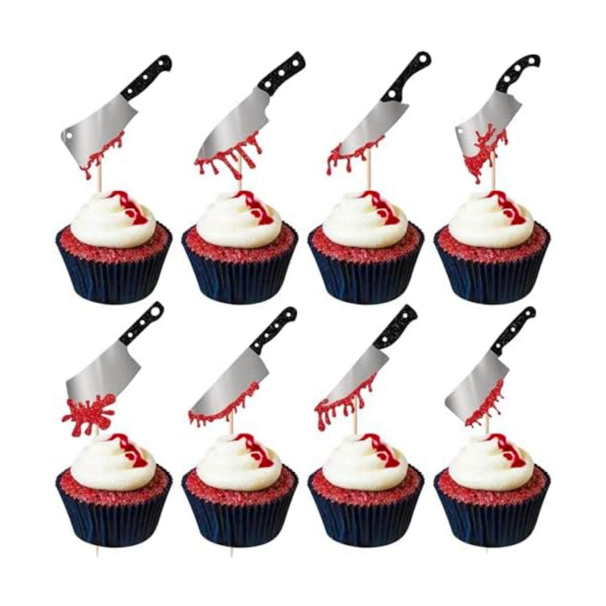 Rsstarxi 24 Pack Halloween Blood Knife Cupcake Toppers Glitter Blood Knife Cupcake Picks Blood Splatter Knife Cake Decorations for Horror Crime Scene Halloween Birthday Party Cake Decorations Supplies