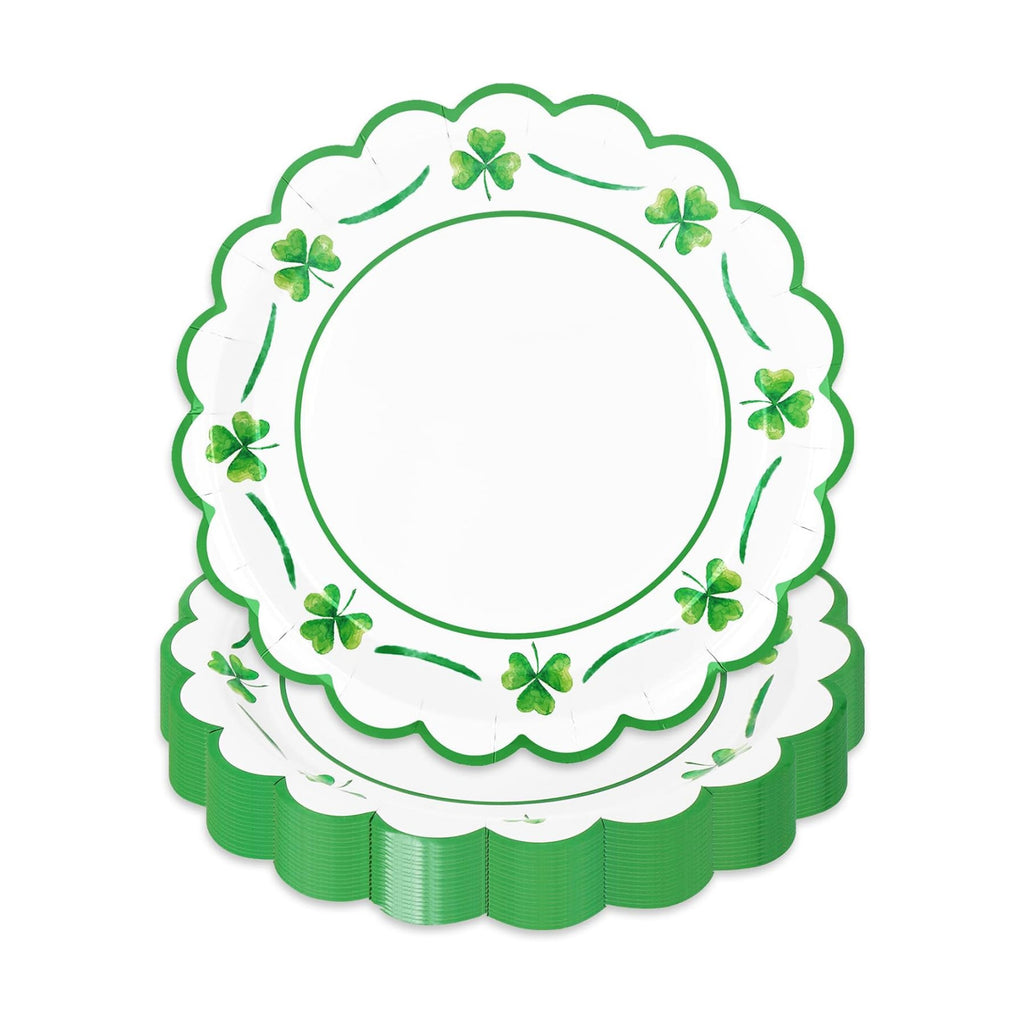 JarThenaAMCS 50 Pcs St. Patrick's Day Paper Plates Scalloped Disposable Plate Green Shamrock Clover Decorative Tableware for Irish Holiday Party Decor Supplies, 9 In