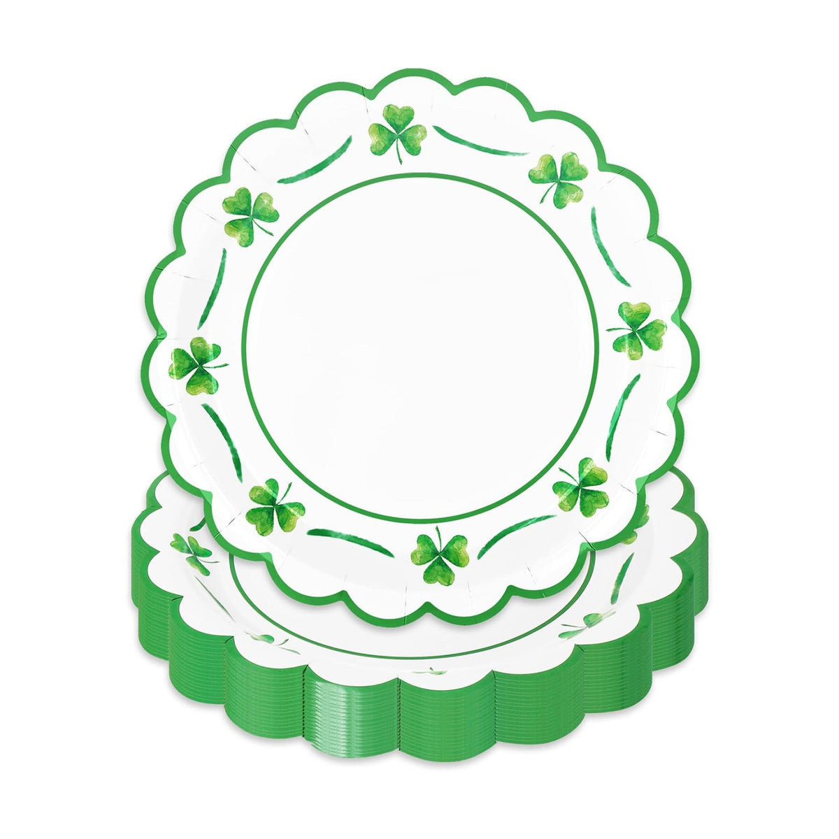 JarThenaAMCS 50 Pcs St. Patrick's Day Paper Plates Scalloped Disposable Plate Green Shamrock Clover Decorative Tableware for Irish Holiday Party Decor Supplies, 9 In