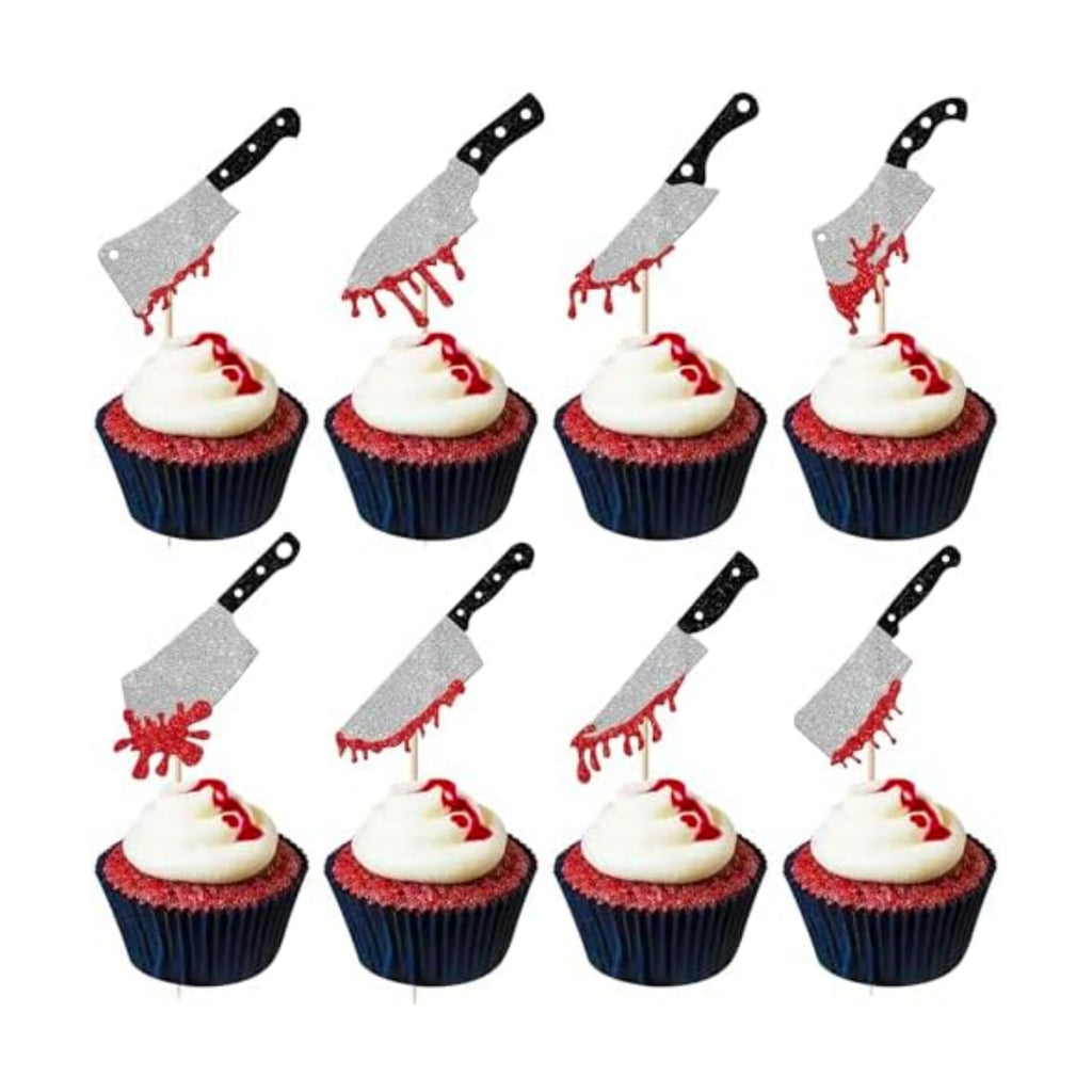 Rsstarxi 24 Pack Halloween Cupcake Toppers Glitter Blood Knife Cupcake Picks Horror Killer Birthday Cake Decorations for Scary Horror Crime Scene theme Birthday Halloween Party Supplies