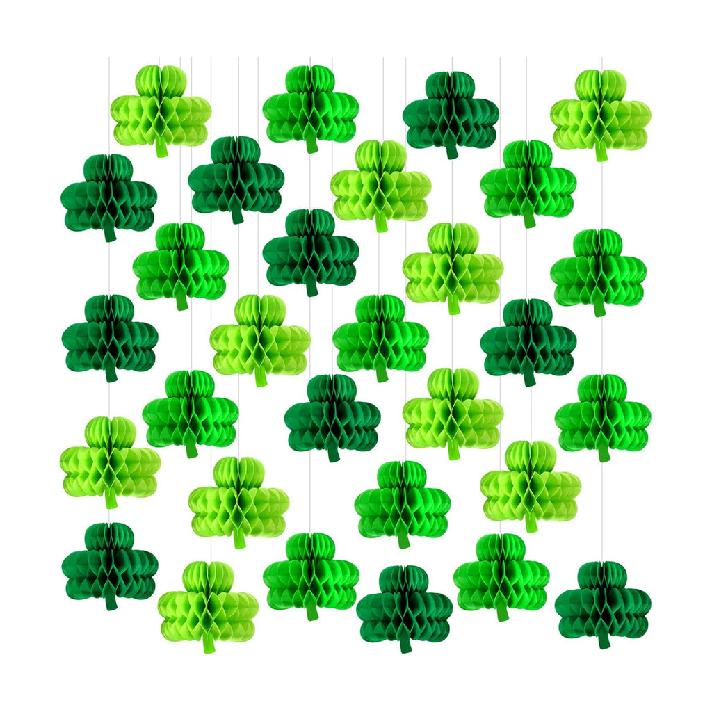 Gueevin 30 Pcs St Patricks Day Hanging Decorations St. Patrick's Day Honeycomb Balls Shamrock Honeycomb Paper Irish Ceiling Decor for Table Centerpiece Birthday Home Spring
