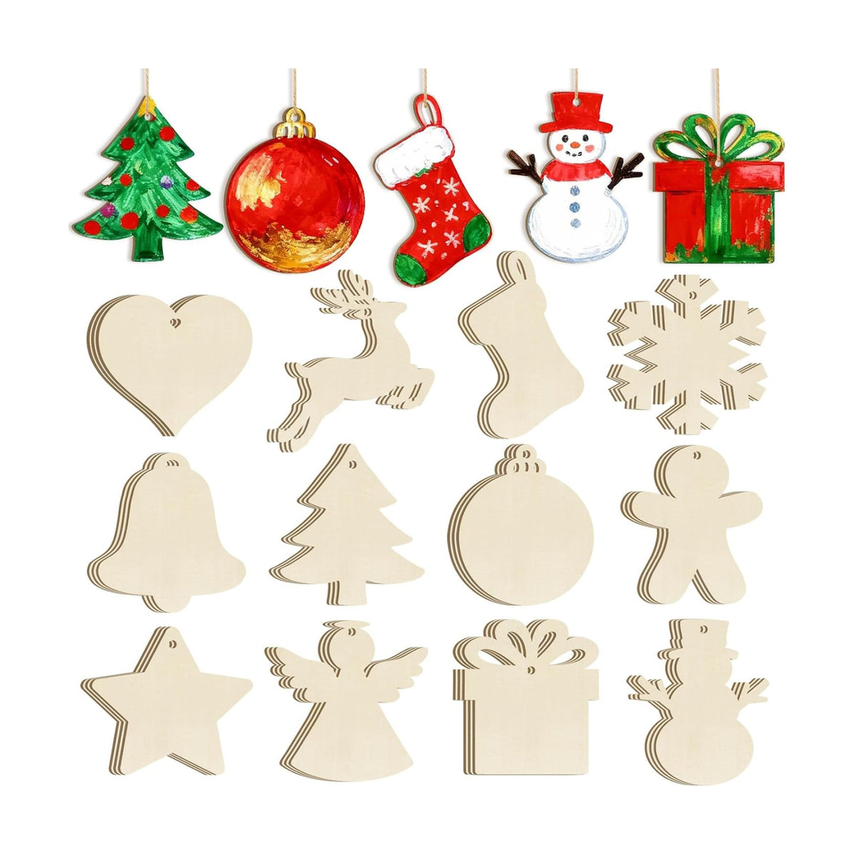 36PCS Wooden Christmas Ornaments to Paint, 12 Styles DIY Blank Unfinished Wood Reindeer Santa Claus Christmas Tree Ball Snowman Snowflake Angel Cutouts Ornament for Crafts Winter Hanging Decorations