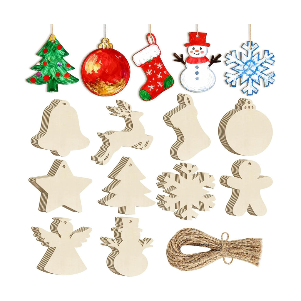 80PCS Wooden Christmas Ornaments to Paint, 8 Styles DIY Blank Unfinished Wood Reindeer Santa Claus Christmas Tree Ball Snowman Snowflake Angel Cutouts Ornament for Crafts Winter Hanging Decorations